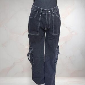 LoveGen Women's Y2K Cargo Pants Size 7/29 Black Grunge Utility Wide Leg Gorp